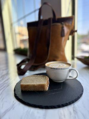 Bourbon vanilla latte and almond loaf