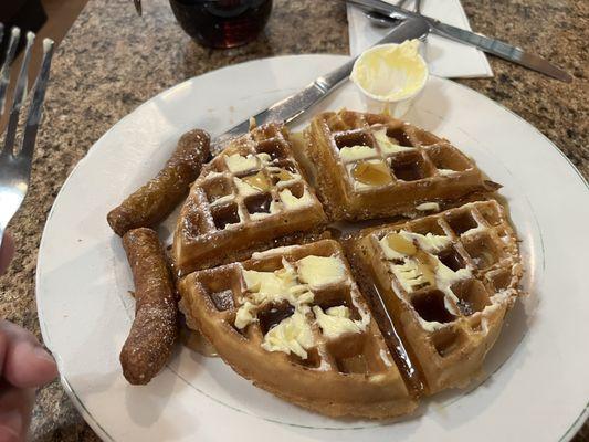 Waffle with Buttermilk Pancakes with Ham, Bacon or Sausage Breakfast