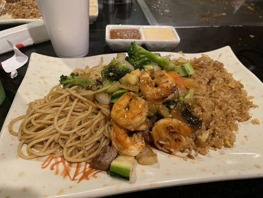 Hibachi steak and shrimp with noodles and extra veggies