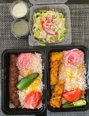 Kobideh beef (left) Chicken kabob (right) Salad and sauce (yogurt and cilantro)