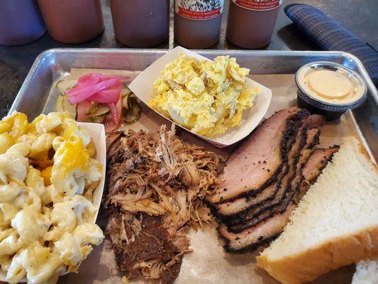 2 meat - pulled pork and brisket with mac and cheese and potato salad