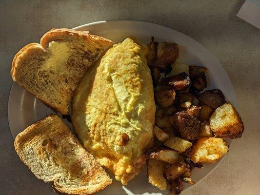 Toast, omelet, home fries.