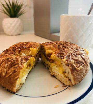 Cheddar bagel breakfast sandwich.