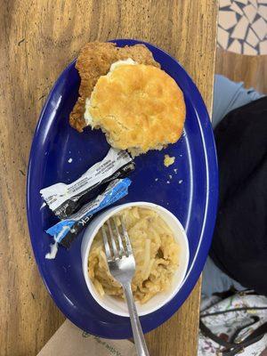 Country fried steak biscuit and hash brown casserole.