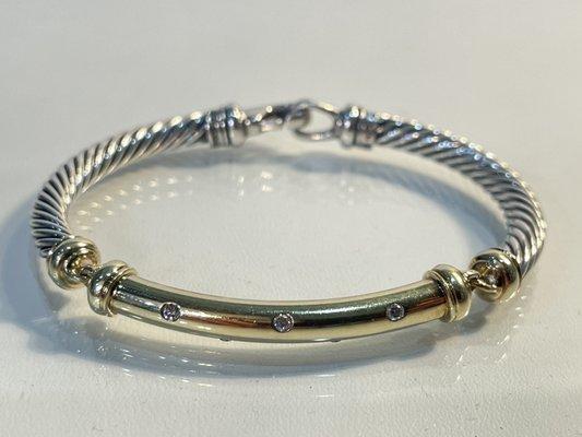 David Yurman 5mm "Metro" bracelet with 5 diamonds.  In sterling & 14k gold.  $790.