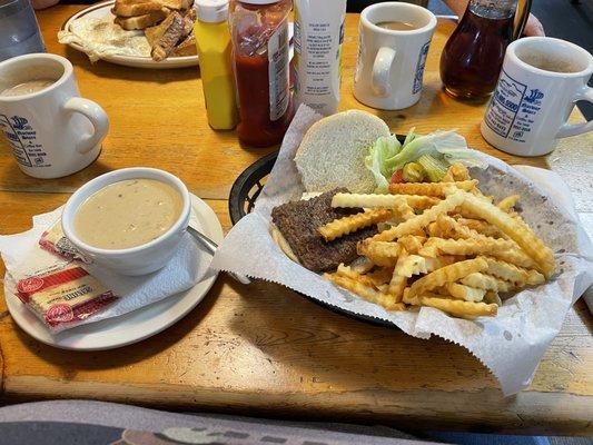 Hamburger, fries and cream of mushroom soup