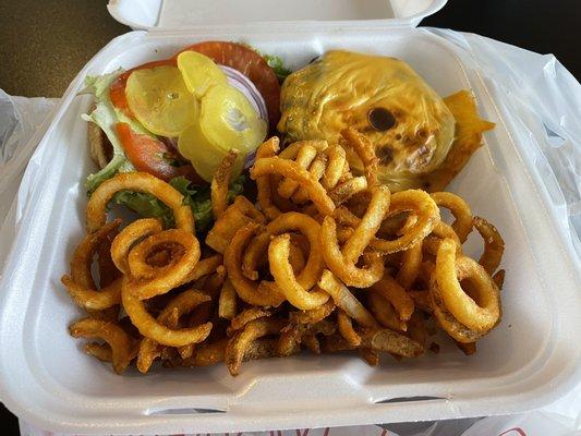 8oz Cheeseburger (not a fan) and curly fries; even though I asked for crinkle cuts!