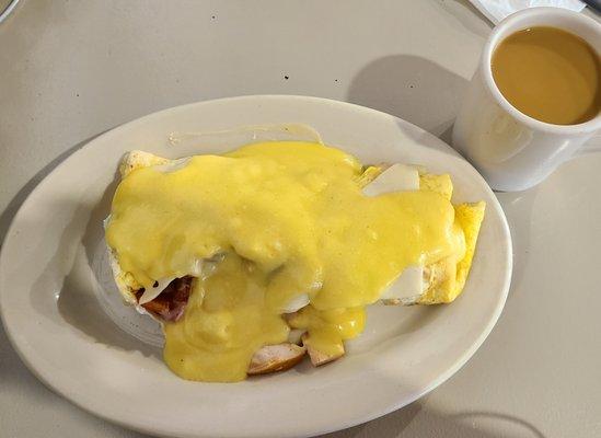 Turkey Club Omelette with coffee (that's hollandaise sauce on top!) Yum!!!