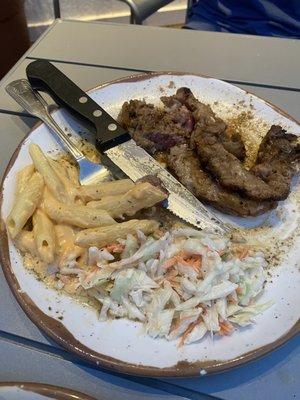 NY strip, Mac-n-cheese (tasted like melted Velveeta), coleslaw (was ok- only good part)