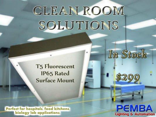 Efficient lighting for clean rooms such as food prep areas and labs