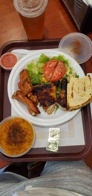 1/4 chicken,3 ribs combo sweet potato mash and it comes with a salad and pita bread. Arnold Palmer for a drink