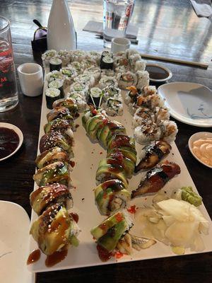 California roll, spicy tuna, eel, dragon roll and caterpillar roll