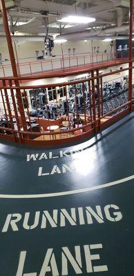 Indoor Track that overlooks cardio and weight area