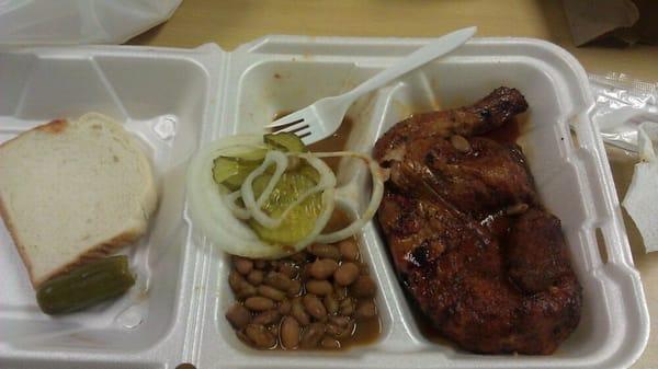 BBQ Chicken, beans and bread.