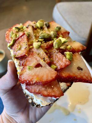 Strawberry Toast (Noble sourdough, cream cheese, strawberries, crumbled pistachios, lemon zest, and agave)