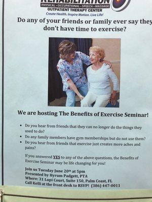 The benefits of exercise seminar! Make time for it!