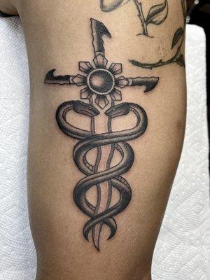 Filipino Kriss dagger Caduceus tattoo