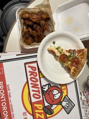 Wings with bel pepper pepperoni pizza