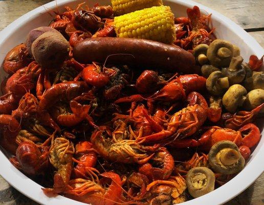 Crawfish, mushrooms, corn, potatoes, sausage