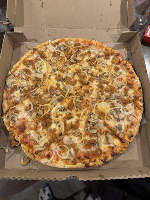 Large onion, sausage and shrooms