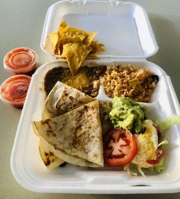 Cheese Quesadilla with beans and rice plate