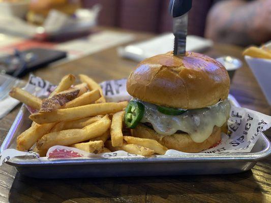 Rocky Point Burger with pickle Jalapeno