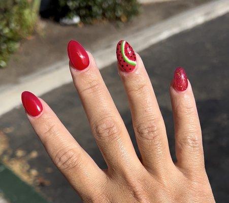 Beautiful watermelon nails that turned out better than expected   .