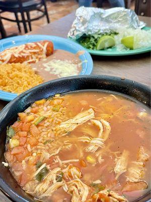 Chicken soup. Enchilada lunch plate background. Excellent.