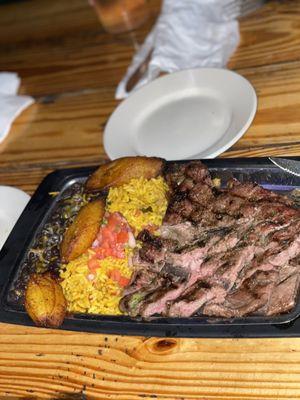 skirt steak,rice,beans and plantains