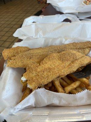 Three piece catfish, fries.