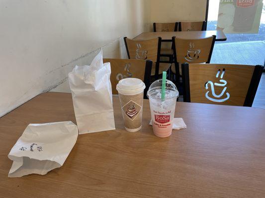 A very fresh and tasty Boston cream doughnut, ham and cheese croissant, large coffee, and a strawberry banana milkshake.  All for $18.