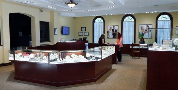 On the West side of the building we have Diamond Fashion, Estate Jewelry, Men's Fashion, and Bridal along the back wall.