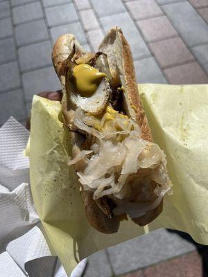 Nola dog : andouille sausage, grilled onions and added sourcrout and mustard