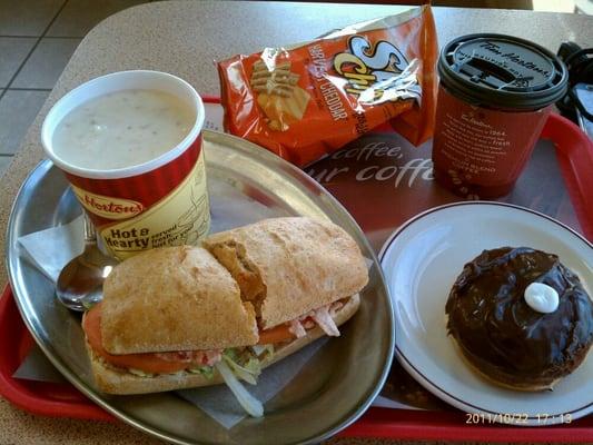 Chicken salad sandwich, Potato Bacon soup, Decaf coffee, chips, Creme filled donut.  Love Tim Hortons!