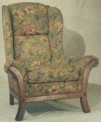 Example of a custom built chair with Belgian woven tapestry for fabric.