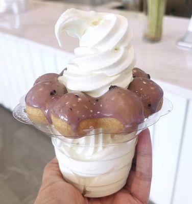 Blueberry doughnut with honey flavored soft serve ice cream