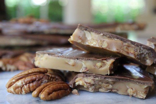 Delicious chocolate covered pecan toffee made from a treasured family recipe.