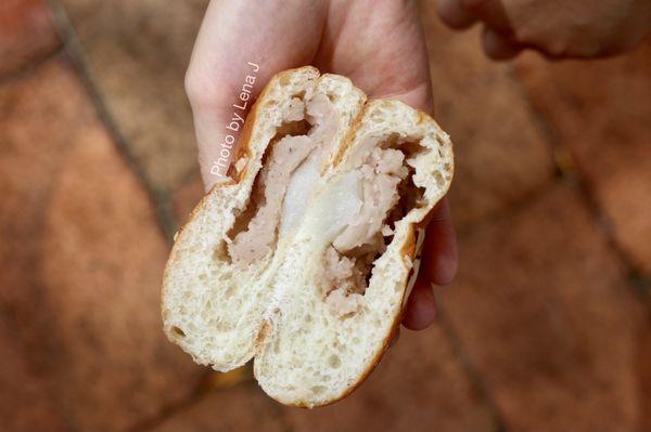 Inside of Taro Mochi Bun ($2.35) - good, not too sweet! Bread is fluffy; taro paste and mochi inside are good