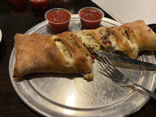 Stromboli veggie on left, Italian sausage Stromboli on right