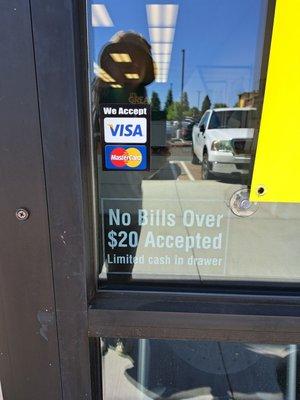 Visa, Mastercard, no bills over $20