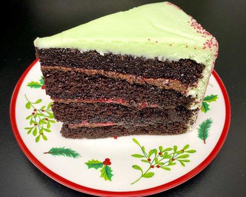 Chocolate candy cane cake - layers of chocolate cake, filled w/ chocolate buttercream & crushed mint pieces, frosted w/ mint buttercream