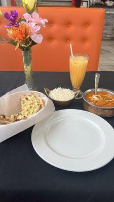 Garlic Nan, Mango Lassi, Chicken Tikka Masala.