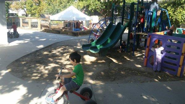 Large fenced play area. Tricycle track, playground, grassy hill, play houses, hay bales, b-ball hoop and more.