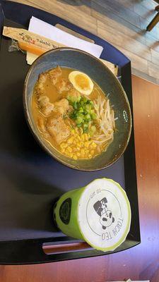 Spicy Miso Chicken Ramen and Honeydew Milk with Tapioca Pearls