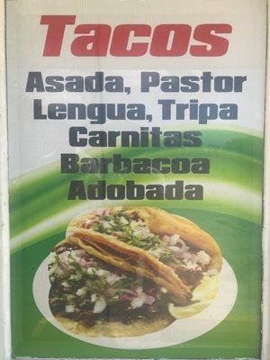 Tacos de Asada, Pastor, Lengua, Tripa, Carnitas, Barbacoa, Adobada