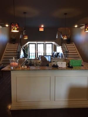 Reception desk looking out towards the front door