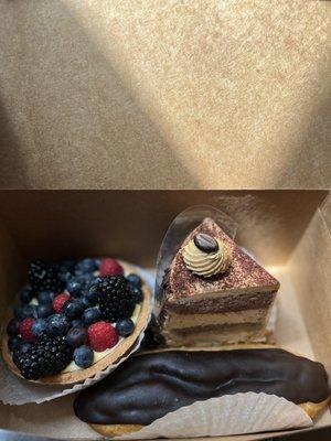 Cappuccino Cream Cake Slice, Mixed Berry Tart and Eclair