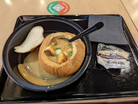 Lobster bisque in bread bowl