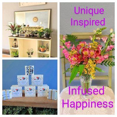 Flower arrangements, candles, and soaps