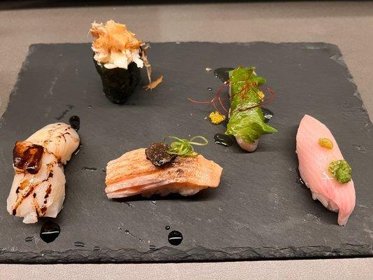 5 Piece Omakase (Special) (Left to Right - Scallops and Foie Gras, Crabmeat and Uni, Torched Salmon Belly with Black Truffle)